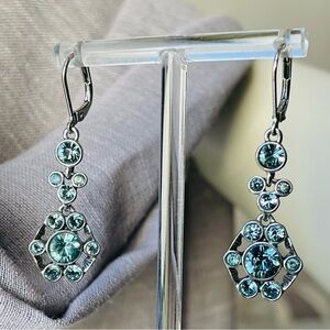 GIVENCHY | Blue Green Crystal Silver Tone Dangle Lever Back Earrings